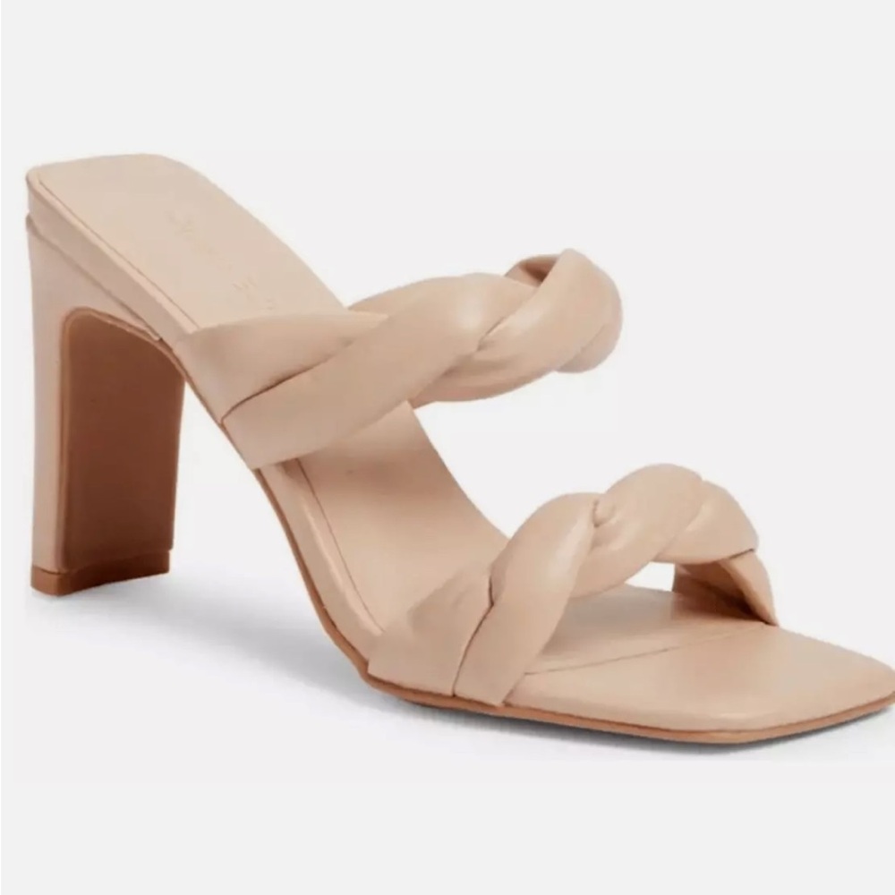 Open Edit Nordstrom Remmy Beige Faux Leather Twist Square Toe Heeled Sandals